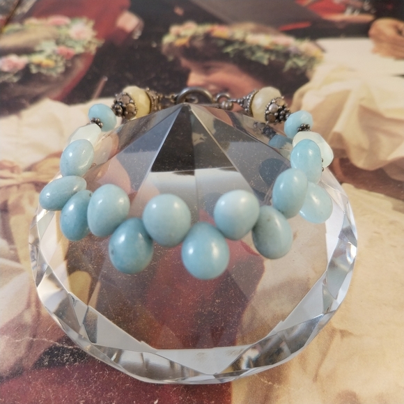 Vintage Sterling Silver Blue and Cream Gemstone Bracelet - Picture 10 of 16